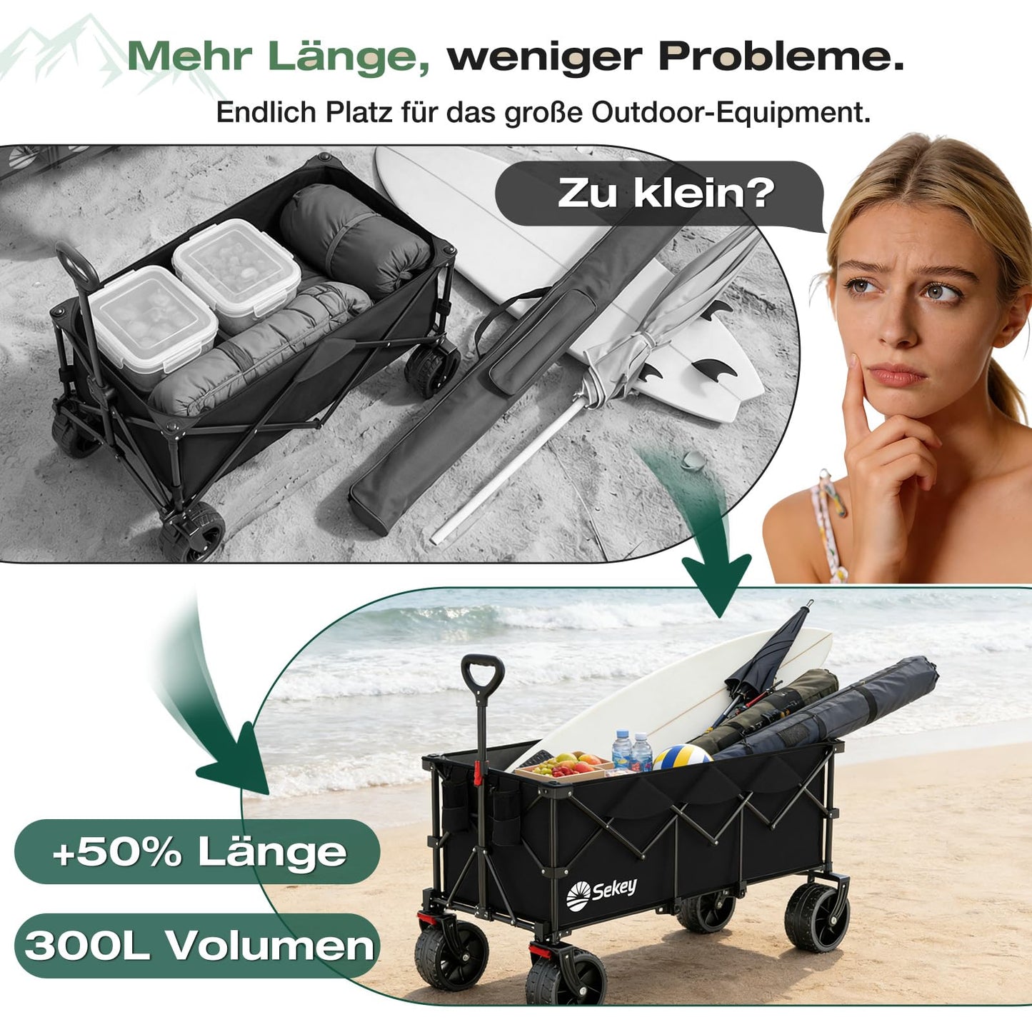 Sekey XXXL Handcart Foldable 300L 200KG Heavy Duty, Extended Folding Handcart with Extra Width 17x10 cm All-Terrain Wheels Handcart, Patented 4-Way Instant Assembly Transport Cart, Black - 4013