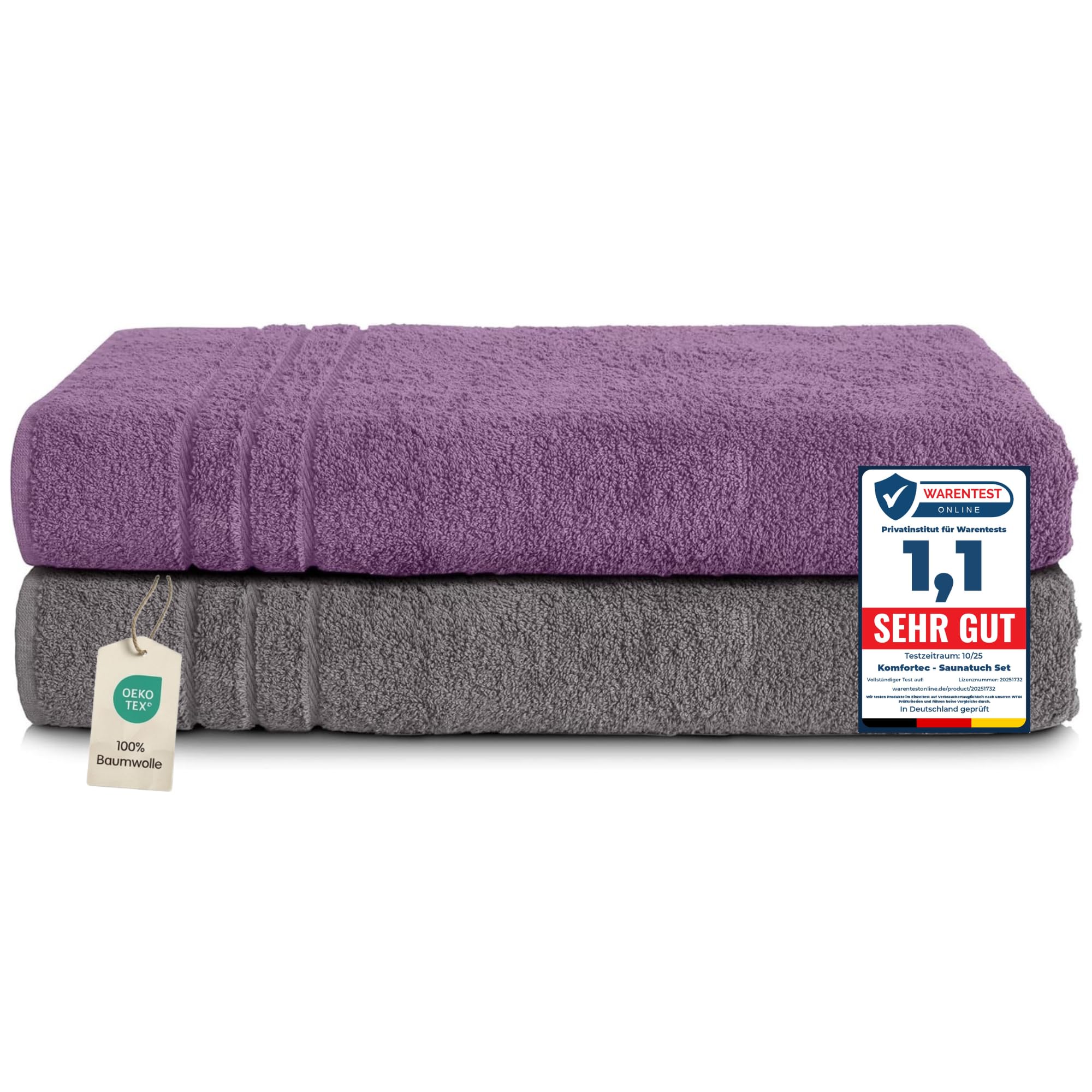 Set de 2 prosoape de saună Komfortec 80x200 cm, prosoape mari de saună din bumbac 100%, pufoase și absorbante, cu uscare rapidă, gri antracit/violet - 2er-80x200-anhtrazit-violett