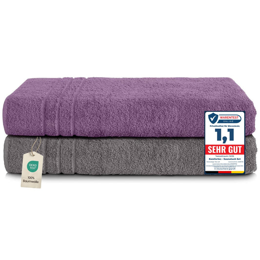 Set de 2 prosoape de saună Komfortec 80x200 cm, prosoape mari de saună din bumbac 100%, pufoase și absorbante, cu uscare rapidă, gri antracit/violet - 2er-80x200-anhtrazit-violett