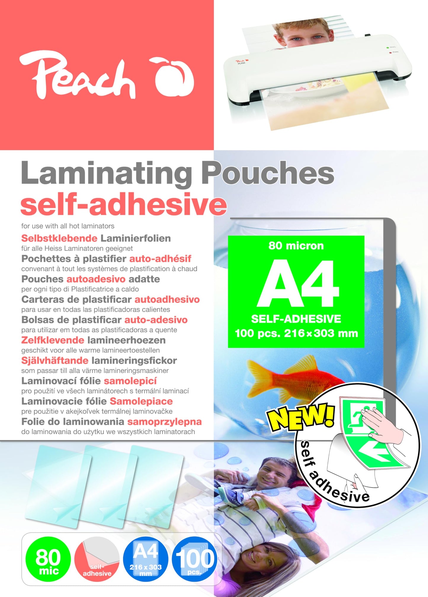 Peach laminating foils A4 self-adhesive 100 pieces 2 x 80 mic (160µm) glossy - S-PP080-17
