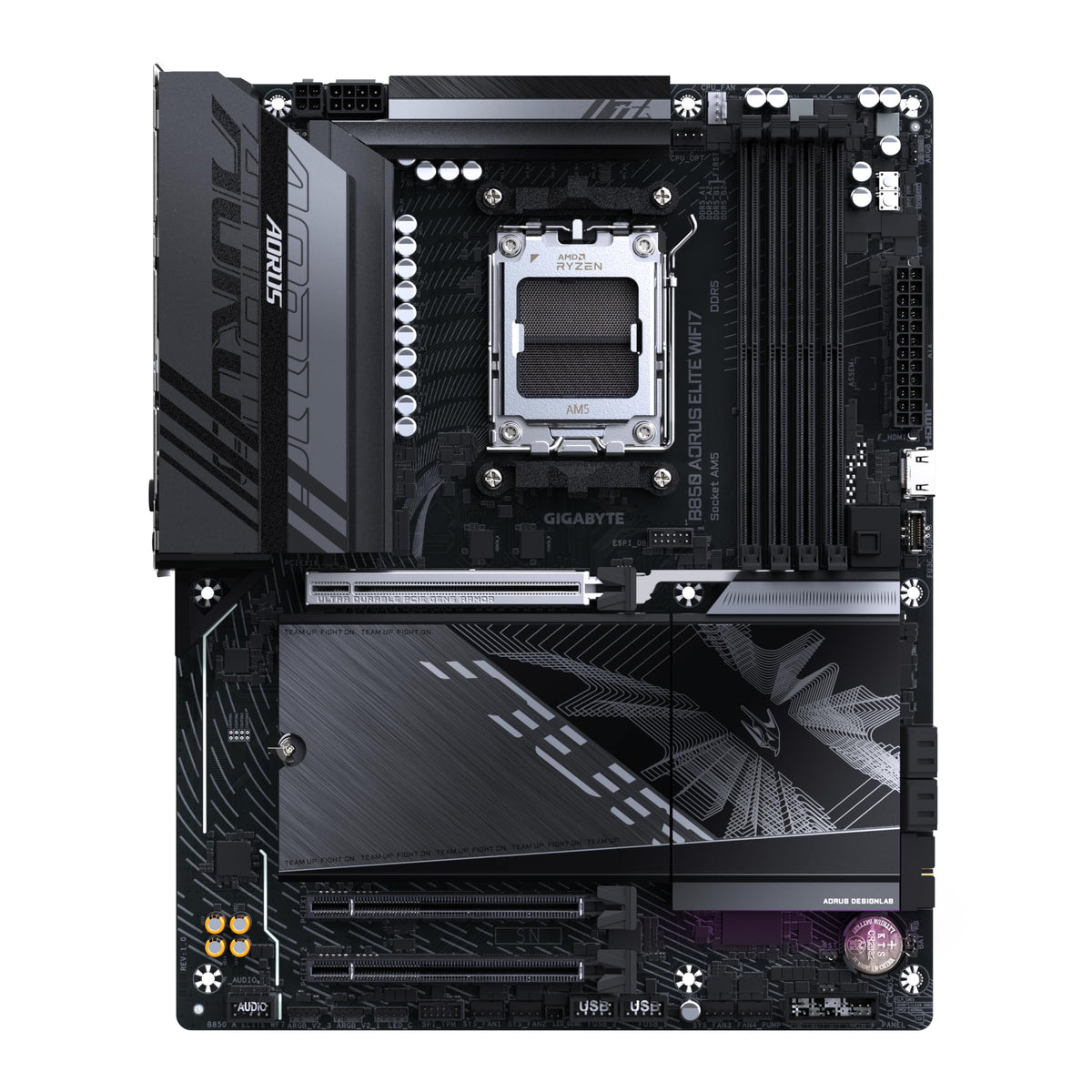 Placă de bază GIGABYTE B850 AORUS Elite WIFI7 - compatibilă cu procesoarele AMD Ryzen 9000 Serie, VRM digital cu 14+2+2 faze, suport pentru memorie DDR5 de până la 8200MHz (OC), 1xPCIe 5.0 + 2xPCIe 4.0 M.2, LAN de 2,5, WiFi 7, USB 3.2 Gen 2x2