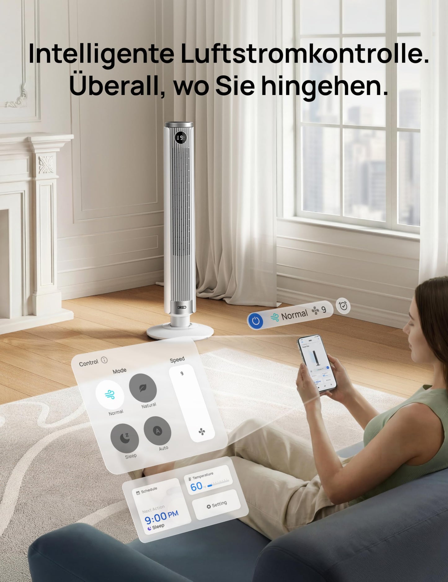 DREO Smart 102-114cm tower fan for bedroom, height adjustable, 8.4m/s, DC motor, 9 levels, 4 modes, 90° oscillation, pedestal fan, 20dB quiet, 12H timer for home and office, Google/Alexa - DR-HTF024S