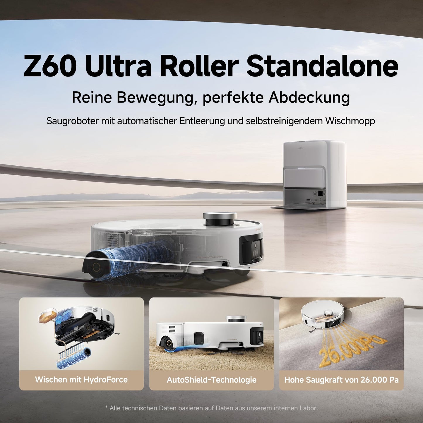 Mova Z60 Ultra Roller standalone vacuum robot, 26,000 Pa suction power, HydroForce wiping, MaxiReach technology, FlexScope radar with lifting function, AutoShield technology, triple anti-tangle. All-in-one station - RLZ73CE