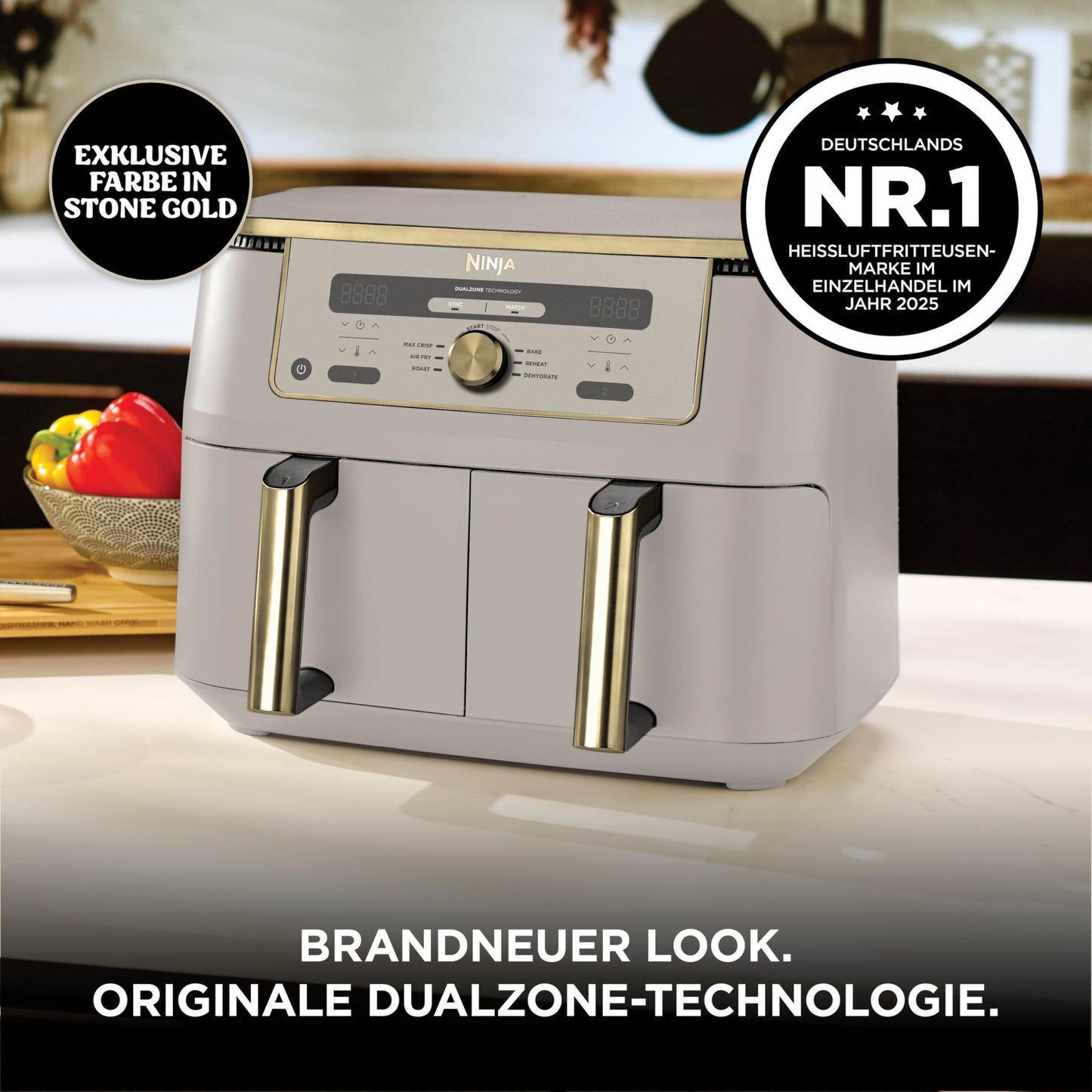 Ninja Dual Zone Digital Air Fryer, 2 Drawer, 6-in-1, Air Fryer, 9.5L, Air Frying, Max Crisp, Roasting, Baking, Reheating, Dishwasher Safe Baskets, Stone/Gold DZ400EUSTGD