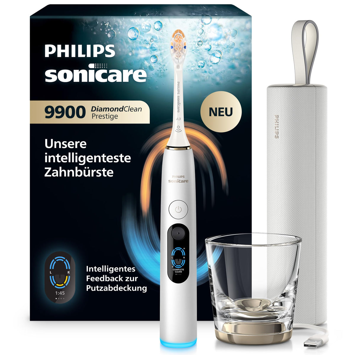 Philips Sonicare Next-Generation DiamondClean 9900 Prestige Electric Toothbrush - smart feedback on brushing coverage, intelligent pressure control, and 24 settings, Silver White, HX9813/91