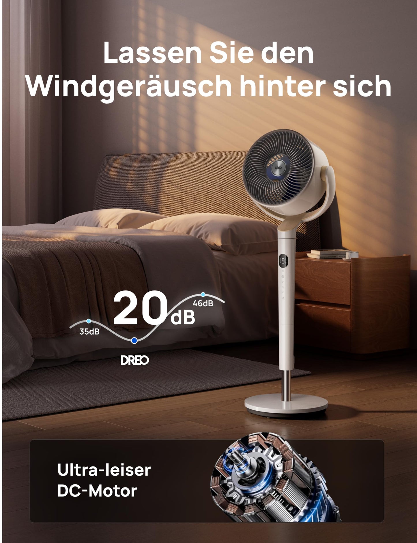 Dreo Smart Pedestal Fan with RGB Light, 120° +120° Oscillating Fan with Remote Control, 20dB Quiet Floor Fan for Bedroom, 90ft, 8H Timer, White - DR-HPF008S