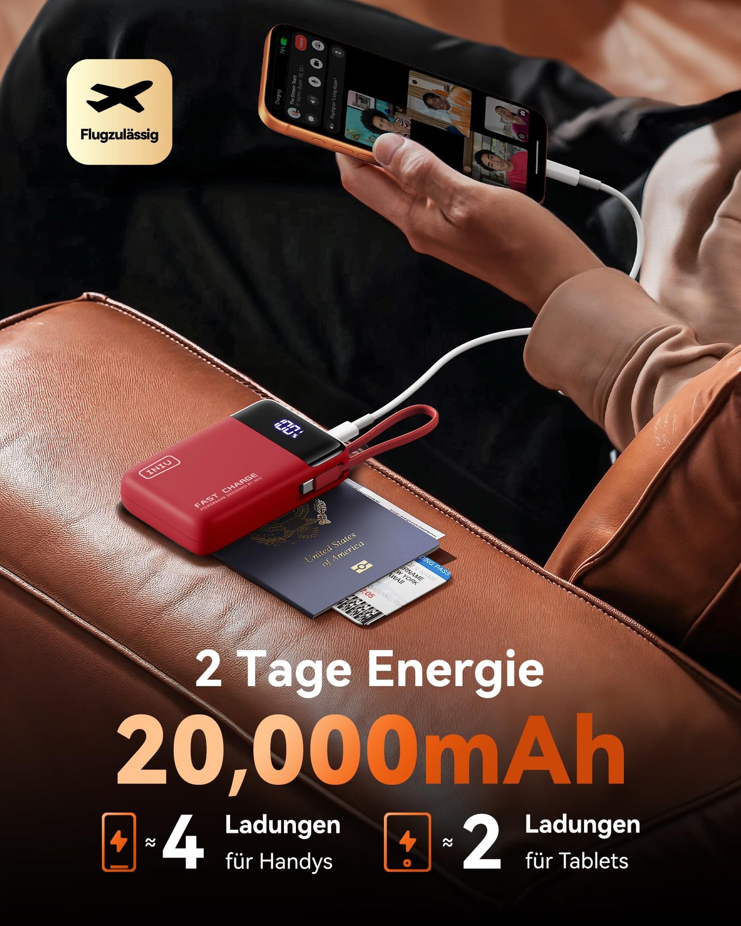 INIU 45W Power Bank, Ultra Small 20000mAh Power Bank with Integrated USB C Cable, Fast Charging External Mobile Phone Batteries, Suitable for Flight, Travel Essential for Commuting, Daily Use, iPhone 17 16, Red - P51L