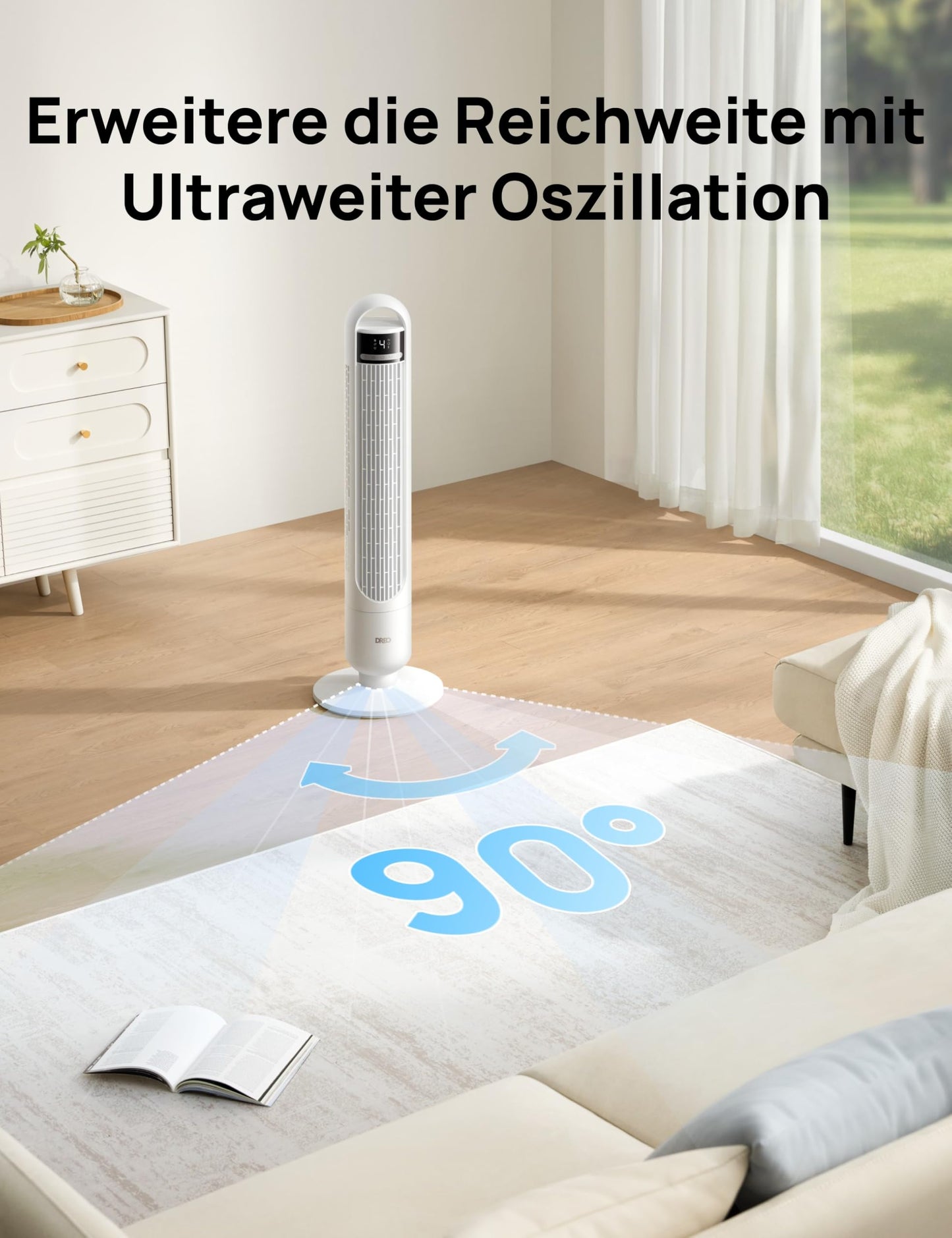 DREO Quiet Tower Fan, Fan with Cooling, Remote Control for Bedroom, Tower Fan with 4 Speeds, 3 Modes, 9.8m Wind Range, 8H Timer, 90° Oscillating for Living Room - DR-HTF017