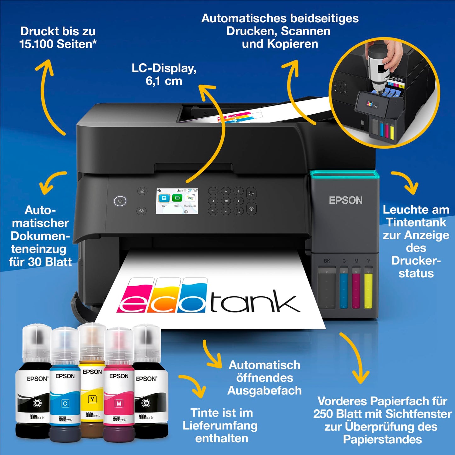 Epson EcoTank ET-3950 ink tank printer | for the home office | WiFi | A4 | Duplex printing, copying, scanning | 6.1 cm LCD display | 30-sheet ADF | Includes ink for up to 3 years