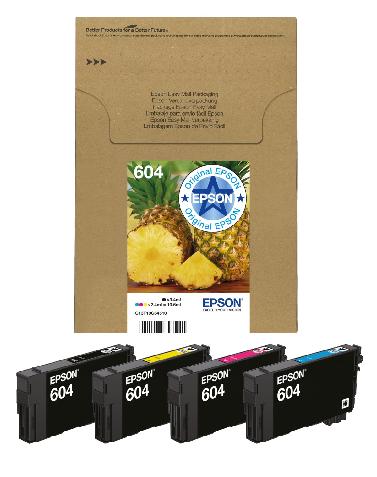 Epson Original 604 Pineapple Multipack 4-Culori Cartușe de Cerneală | EasyMail – ambalaj din plastic redus | Negru, Cyan, Magenta, Galben | 1x 3,4 ml, 3X 2,4 ml | Cerneală originală pentru rezultate optime - C13T10G64510