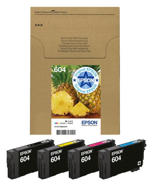 Epson Original 604 Pineapple Multipack 4-Color Ink Cartridges | EasyMail – less plastic packaging | Black, Cyan, Magenta, Yellow | 1x 3.4 ml, 3x 2.4 ml | Original ink for optimal results - C13T10G64510