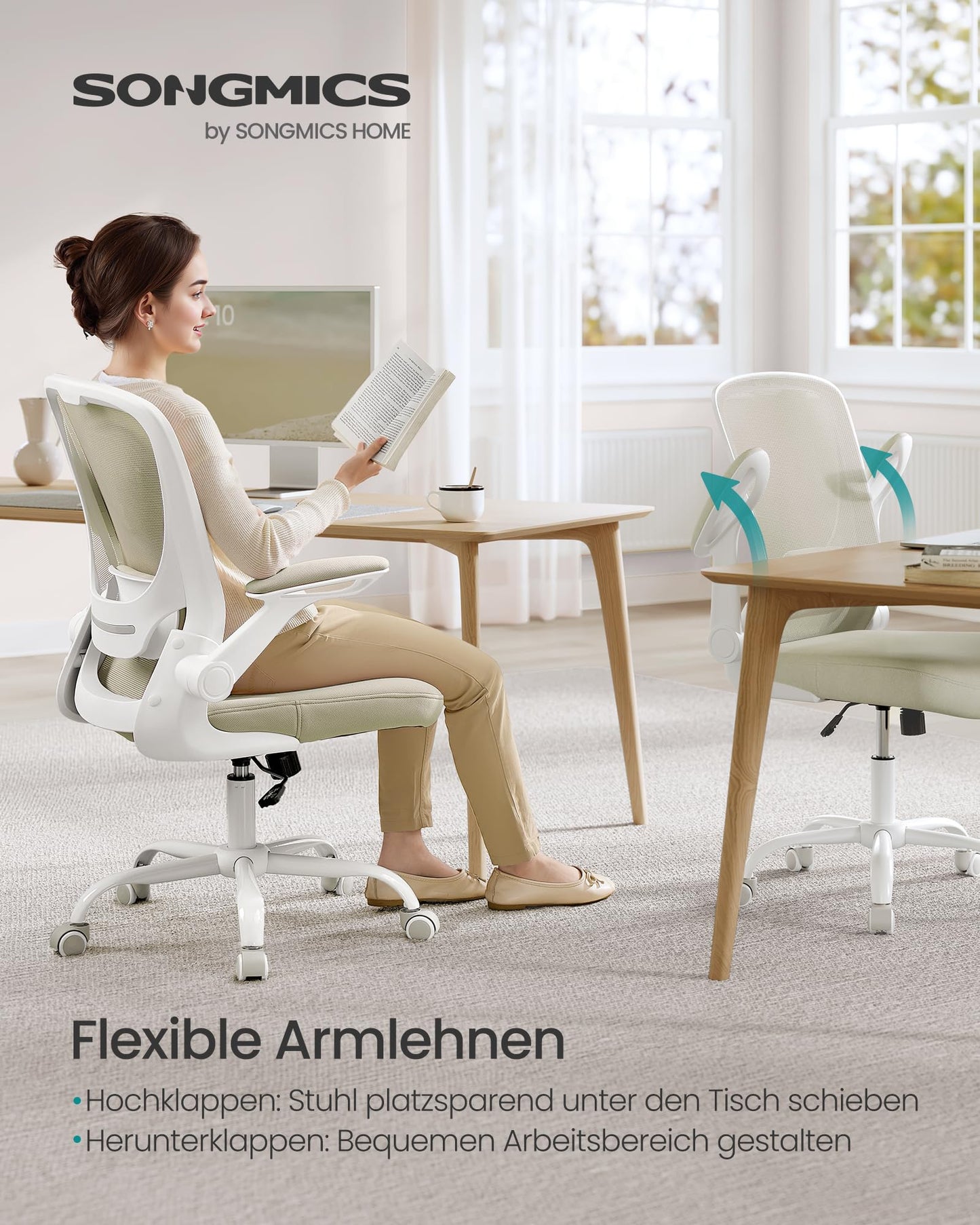 SONGMICS ergonomic office chair, swivel chair with mesh, lumbar and headrest, rocker function, 53 cm seat, folding armrests, study and bedroom, students, oatmeal beige OBN037K02