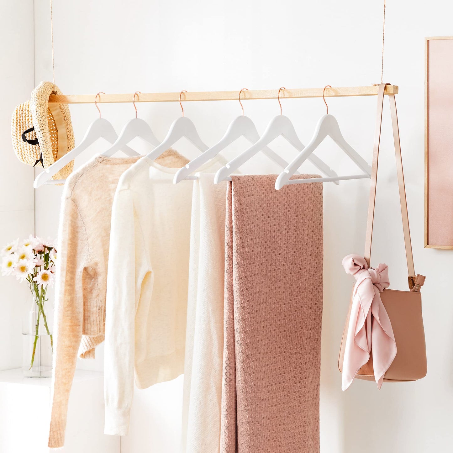 SONGMICS wooden clothes hangers, set of 20, solid wood hangers, notches in the shoulder area, non-slip trouser bar, 360° rotating hook, for suits, shirts, white-rose gold CRW001W01