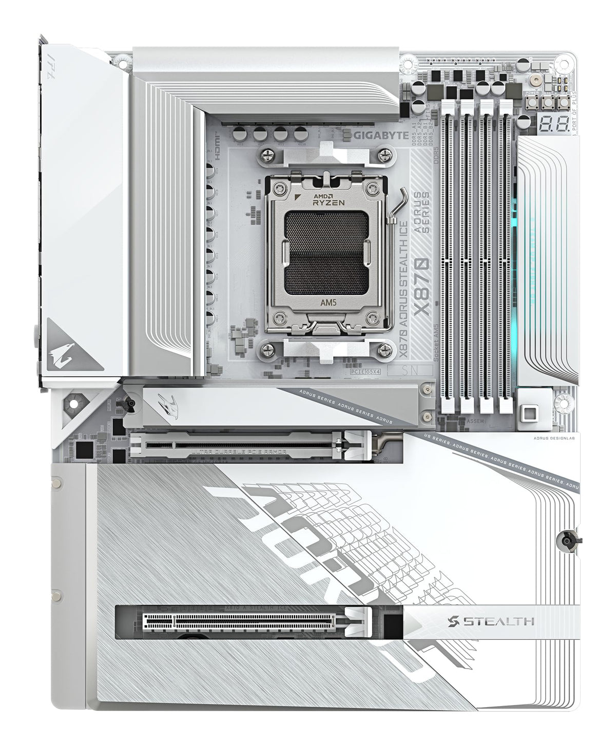 GIGABYTE X870 AORUS Stealth Ice Mainboard – Supports AMD Ryzen 9000 CPUs, digital 16+2+2 phase VRM, up to 8200 MHz DDR5 (OC), 2 x PCIe 5.0 + 2 x PCIe 4.0, Wi-Fi 7, 5 GbE LAN, USB 4