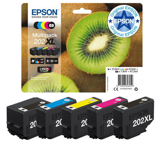 Epson 202XL Kiwi Genuine High Yield Multipack, 5-colours Ink Cartridges, Claria Premium Ink - EP64645