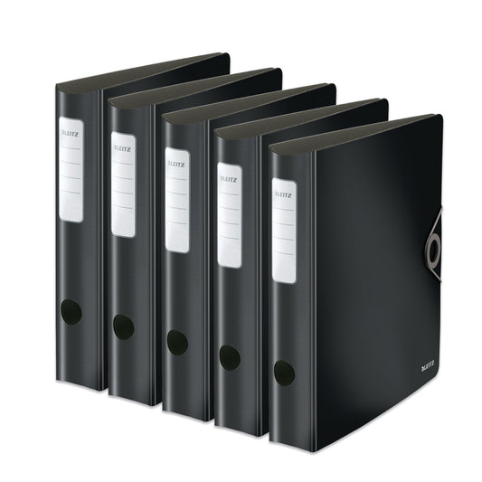 Leitz quality folder 180° Active Solid, pack of 5, A4, narrow, rounded spine, 6.5 cm wide, elastic band closure, light polyfoam, plastic folder, black, 10481095 - 10481095-5