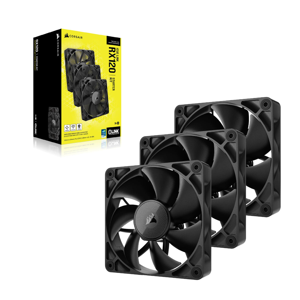 CORSAIR iCUE LINK RX120 120mm PWM Fans with iCUE LINK System Hub - Magnetic Coupling Bearing - Triple Pack - Black - CO-9051010-WW