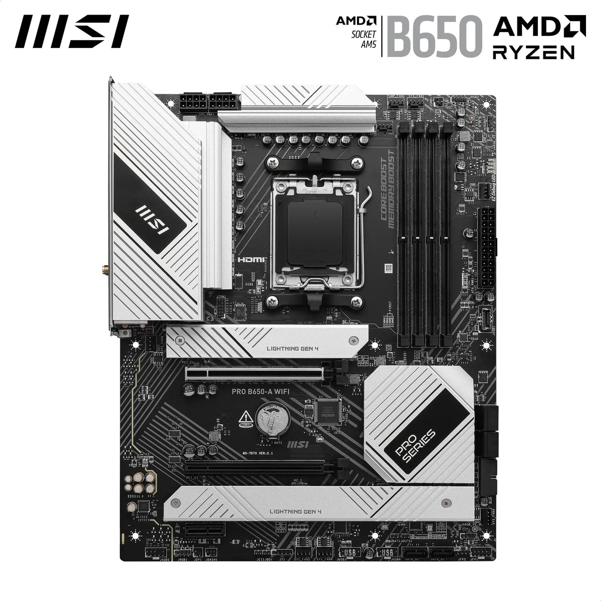 MSI PRO B650-A WiFi Motherboard, ATX - Supports Ryzen 9000, 8000 & 7000 Series Processors, AM5 - DDR5 Memory Boost 7600+MHz/OC, 2 x PCIe 4.0 x16, 3 x M.2 Gen4, Wi-Fi 6E - 7D75-013R