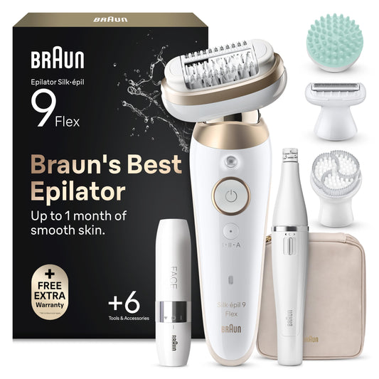 Braun Epilator for Women Silk·épil 9 Flex SkinSpa, 9-681 3D, Waterproof, Gold All-in-One Set, 360° Head for Easy Hair Removal, Includes FaceSpa Hair Removal Device and Mini Facial Shaver - SES9-681