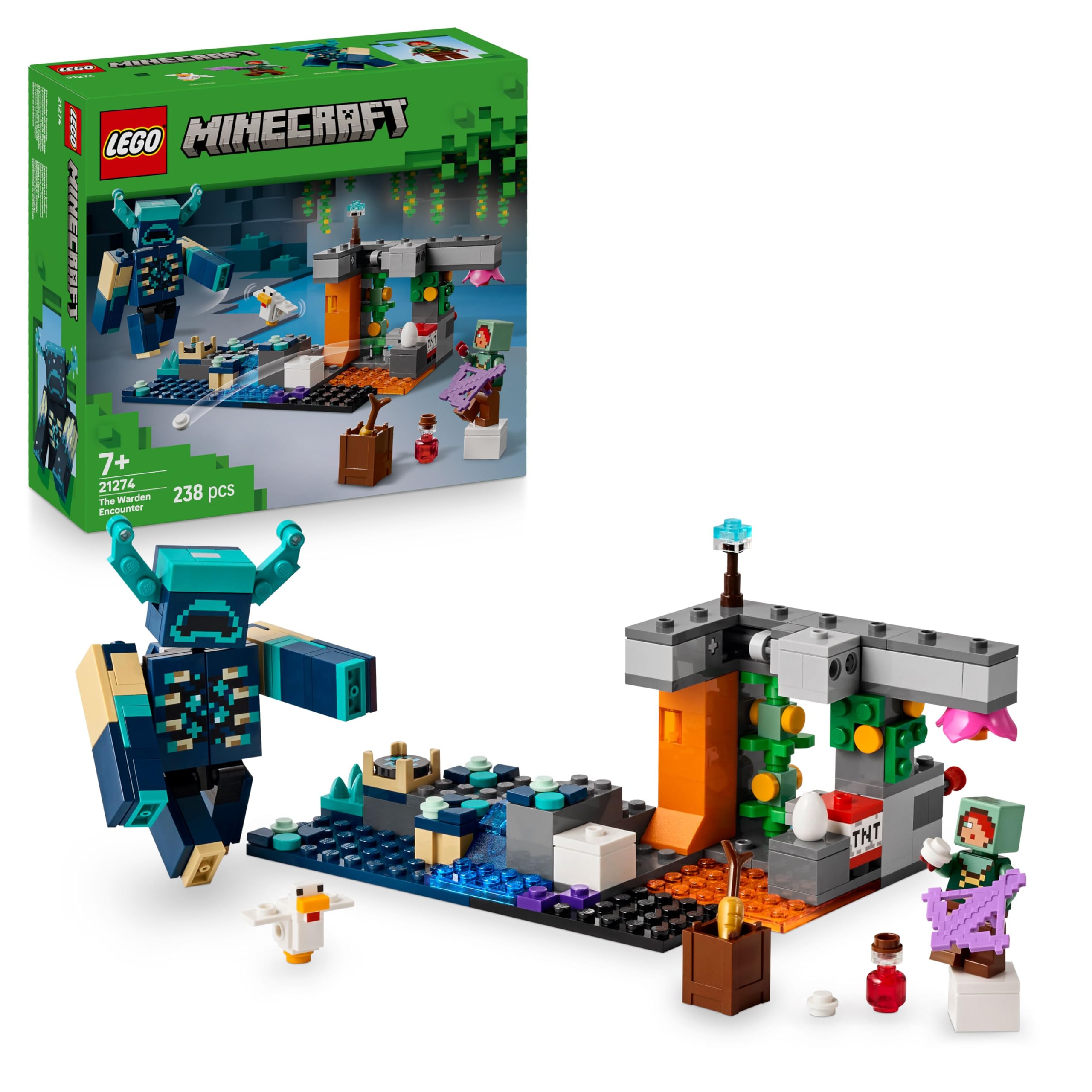 LEGO Minecraft Encounter with the Guardian - Toy with mute ranger minifigure and movable mob figure - With TNT function for rock fall - Gift for boys aged 7 and up and gaming fans - 21274