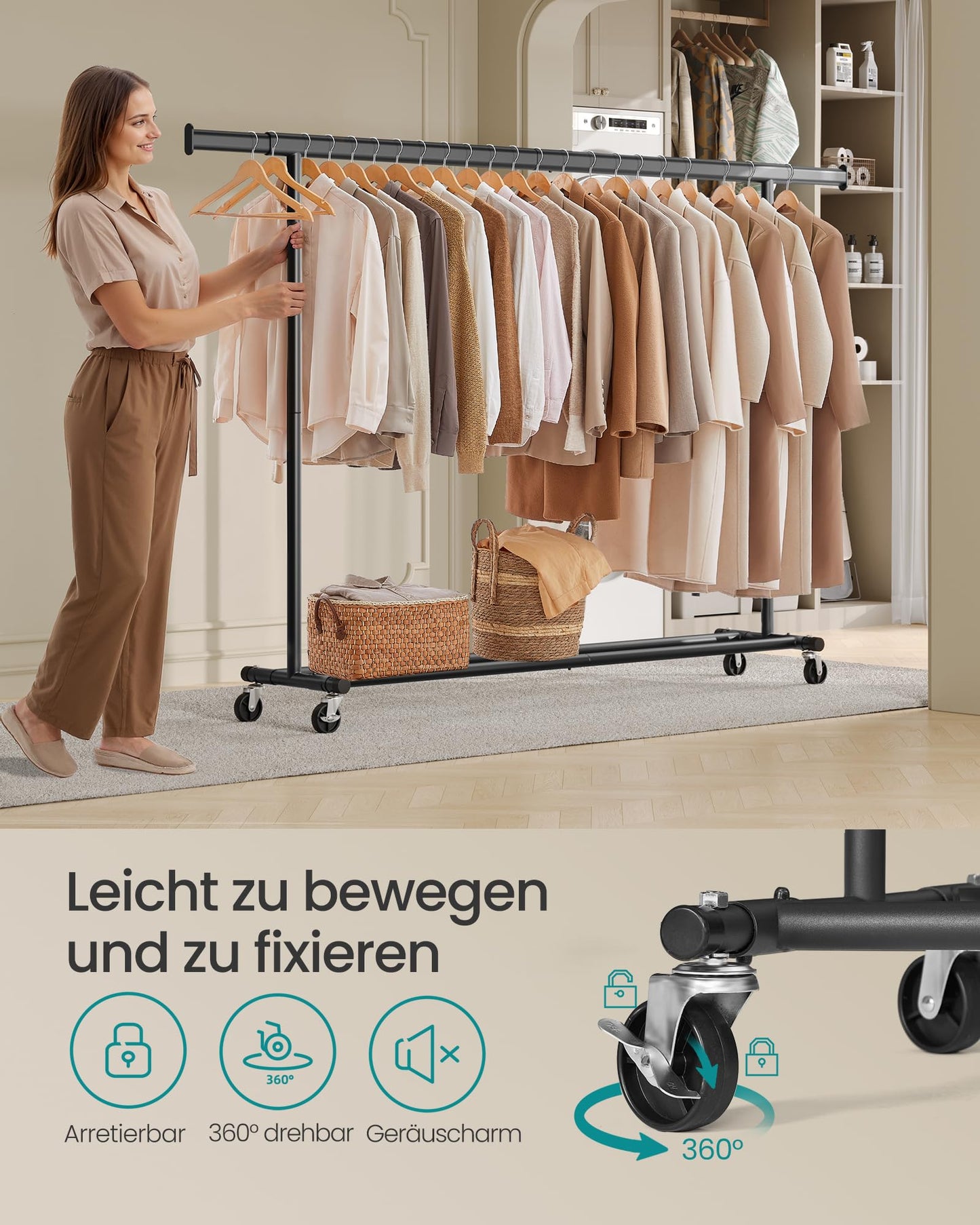 SONGMICS clothes rack on wheels, heavy-duty coat rack, extendable clothes rail, loads up to 150 kg, easy assembly, transportable, black HSR175B01 - UHSR175B01