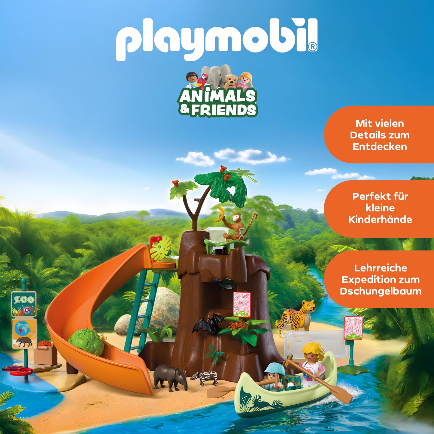 PLAYMOBIL | Animals & Friends | Zoo Jungle Adventure | Large jungle tree with canoe and sling blade | Children's toys from 4 years | 72071