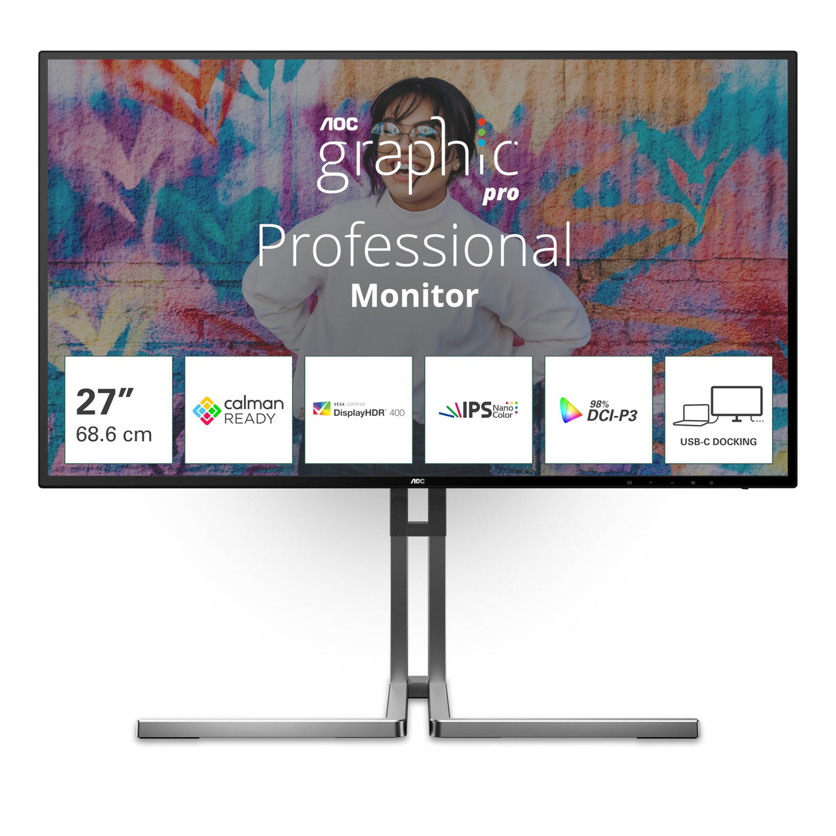 AOC U27U3CV Monitor UHD de 27 inch cu Hub USB, 60Hz, panou Nano IPS, 4ms GtG, VESA HDR400, ajustare pe înălțime, difuzoare, (3840x2160 HDMI 2X 2.0 DP 1x 1.4) Negru/Silver