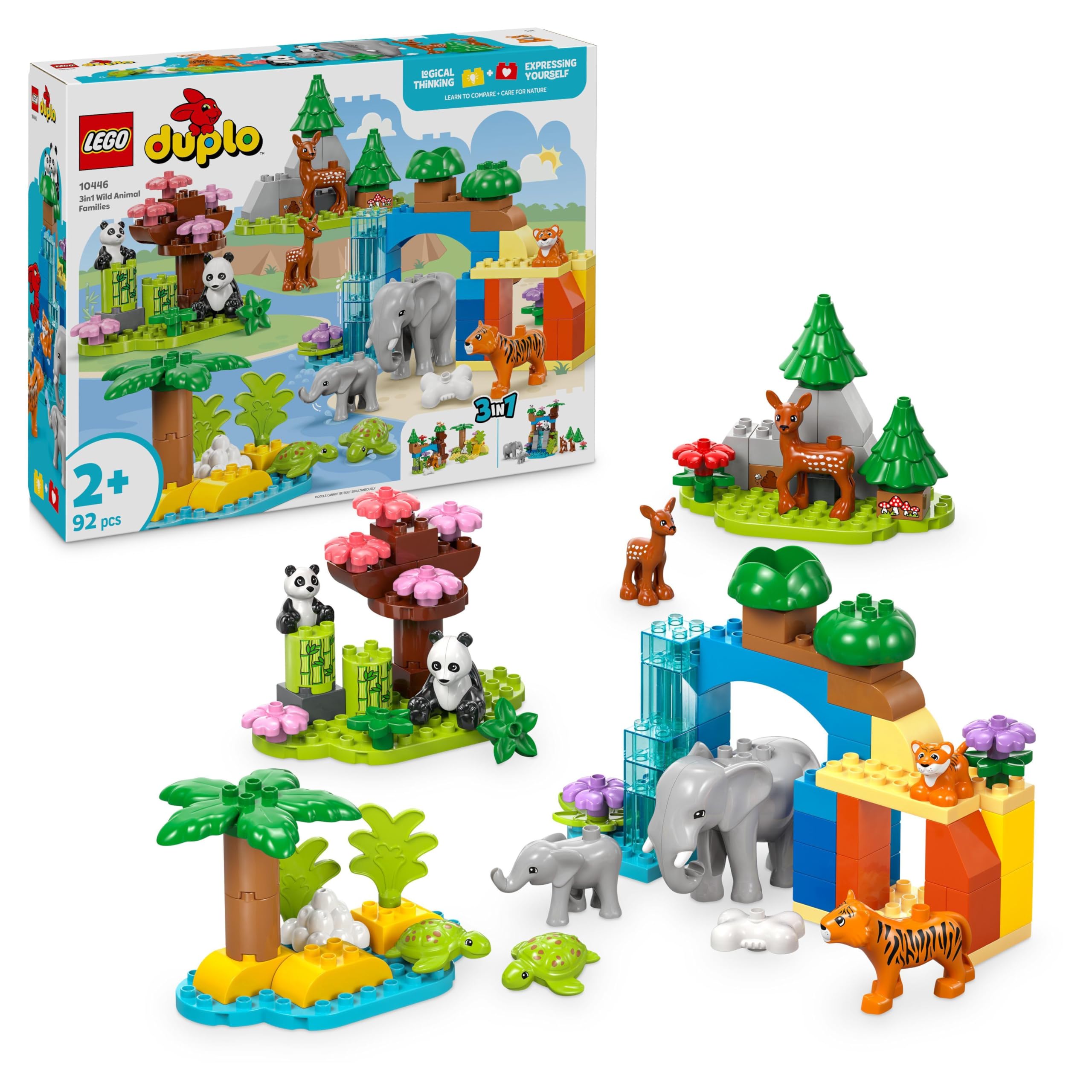 LEGO DUPLO Town Wild Animal Families 3-in-1 Set - Educational Toy for Toddlers with Animal Figures - Montessori Toy from 2 Years with Turtle, Tiger, Elephant, Deer & Panda Figures - Gift 10446