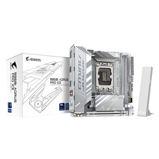 GIGABYTE B860I AORUS PRO Ice Placă de bază - procesoare Intel Core Ultra, 8+1+2+1 faze VRM, până la 9200MHz DDR5, 1xPCIe 5.0 + 1xPCIe 4.0 M.2, LAN 2,5 GbE, WiFi 7, Thunderbolt 4