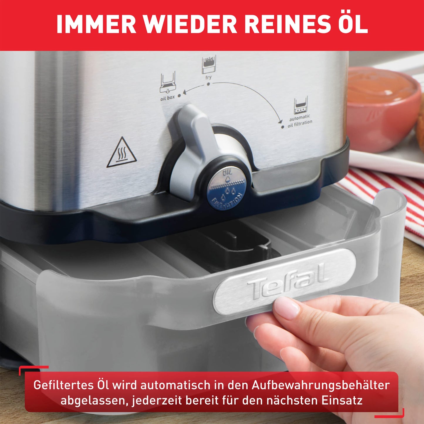 Tefal Oleoclean Compact Electric Deep Fryer, 2 L Oil Capacity, Fryer with Oil Filtration, Dishwasher Safe Parts, Viewing Window, Adjustable Temperature, Black, Stainless Steel, FR7016