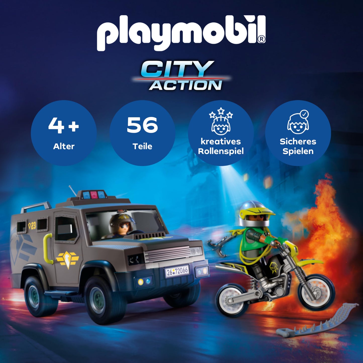 PLAYMOBIL City Action SWAT vehicle | With police officer, criminal motorcycle and nail tape | Children's toys from 4 years | 72066