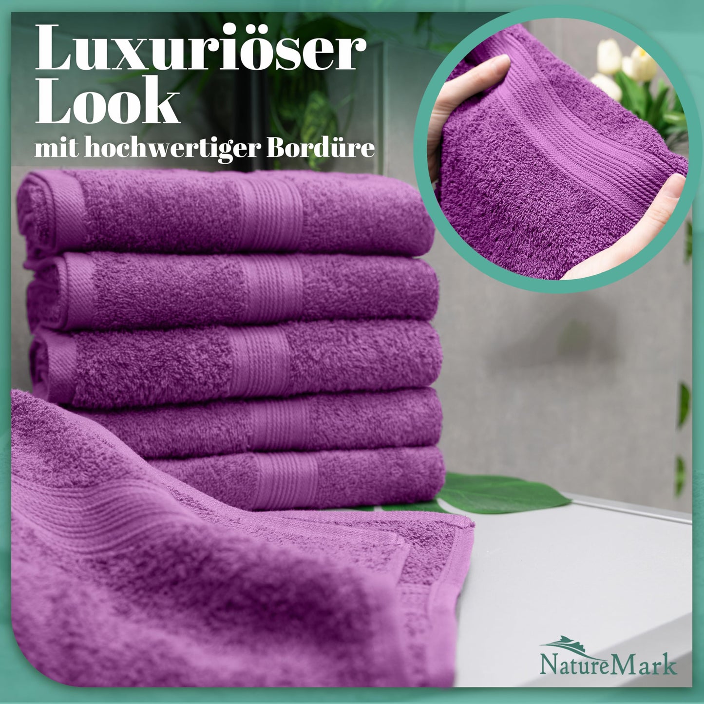 NatureMark 8 towel set - 100% cotton - absorbent and durable towels, size 50×100cm, purple - NM-HT0847
