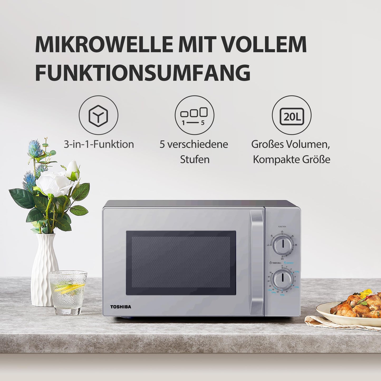 Toshiba solo microwave 20L MW2-MM20PF(SL), freestanding microwave, 800W, 5 power levels with practical defrost function, LED lighting in the interior, silver