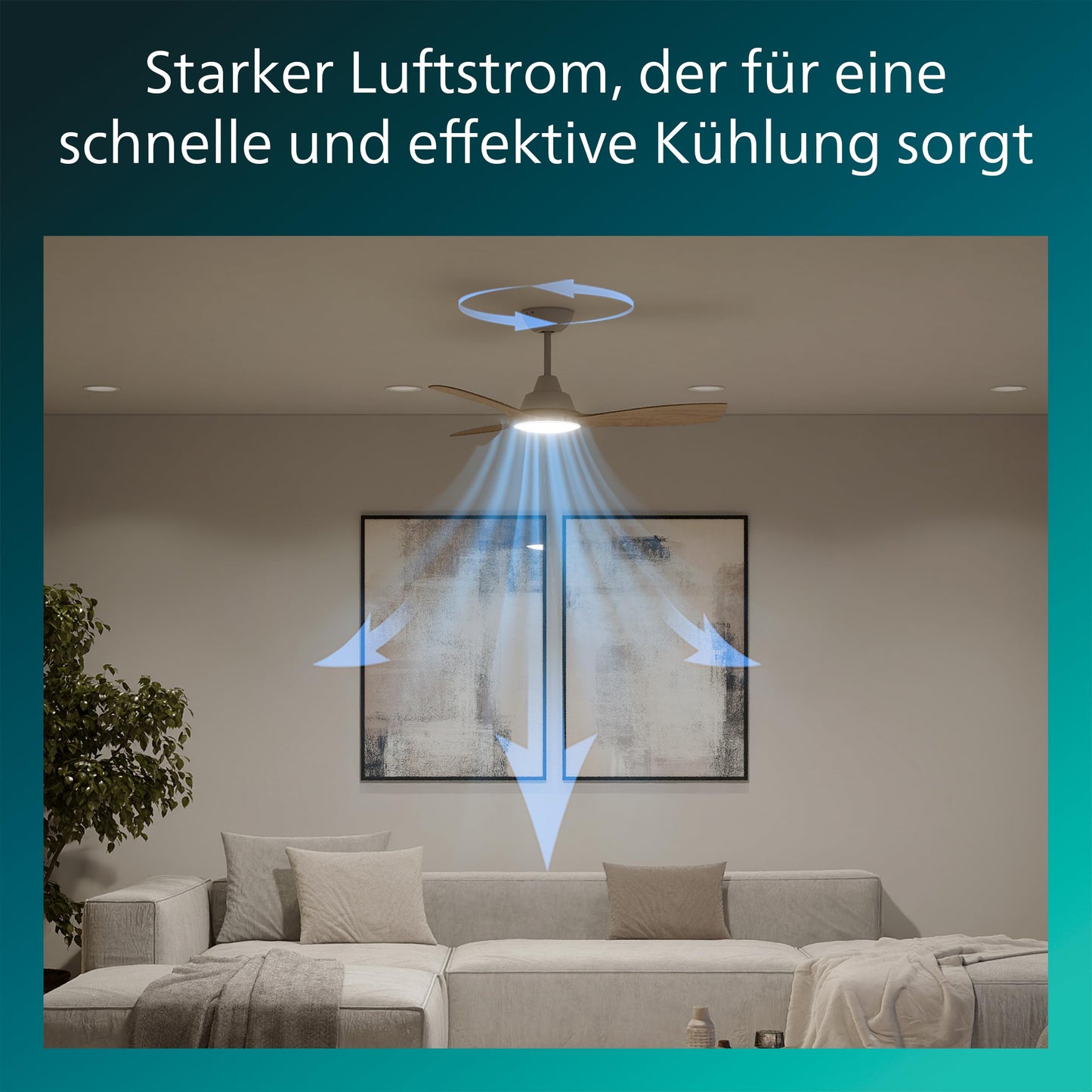 PHILIPS Olas ceiling fan with LED light, 3 blades, 106 cm diameter, 2650 lumens, adjustable white light from 3000 K to 6500 K, dimmable to 5%, including remote control, white/wood, modern - 929004750501