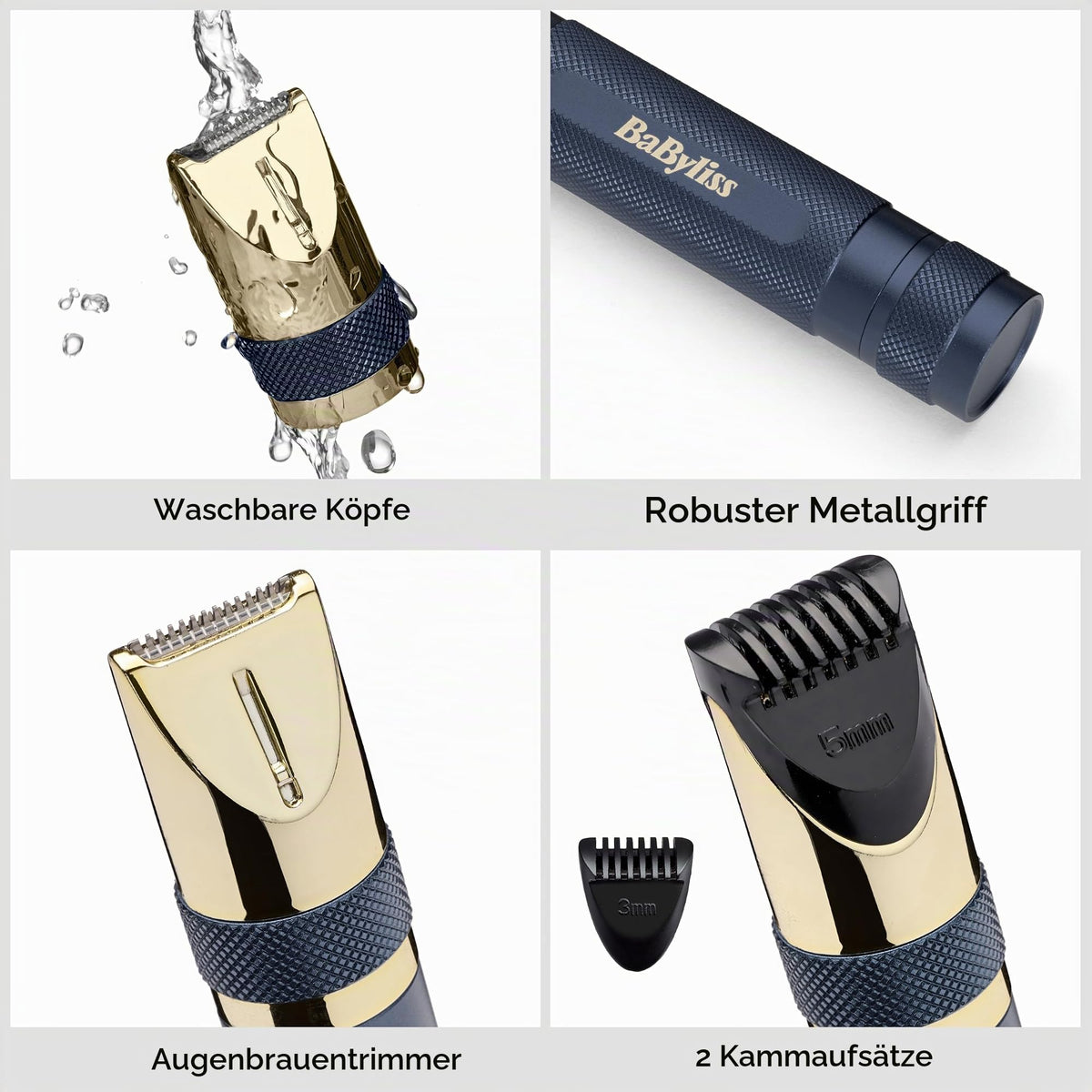 BaByliss Super-X Metal Series Trimmer pentru nas, urechi și sprâncene pentru bărbați, kit de îngrijire, cadouri pentru bărbați (Aur/Albastru) - E112U