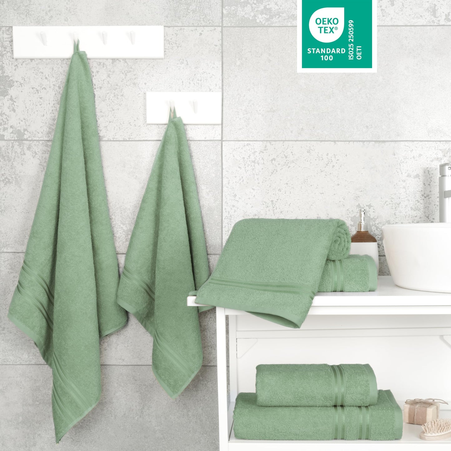 Hammetex set of 6 towels - 2 bath towels 70x140 cm & 4 hand towels 50x100 cm - 100% cotton terry - Oeko-TEX certified - soft, absorbent - with hangers, sage green - RN71