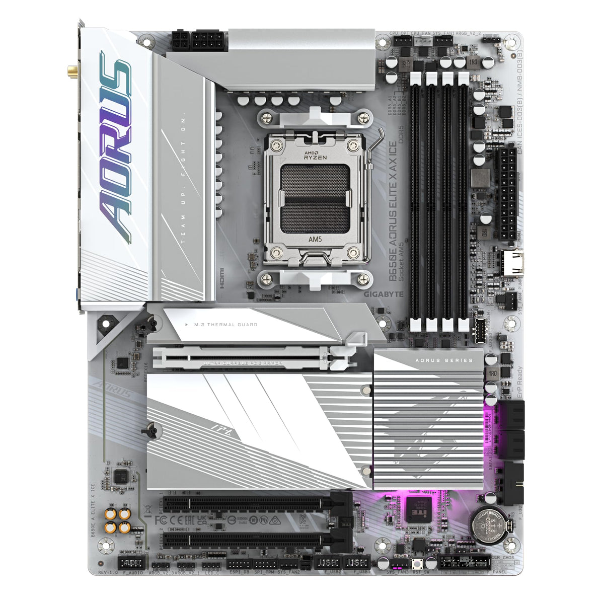 GIGABYTE B650E AORUS Elite X AX Ice Mainboard - AMD Ryzen 9000 Series, 12+2+2 Phase VRM, up to 8000 MHz DDR5 (OC), 1x PCIe 5.0 + 2x PCIe 4.0 M.2, 2.5 GbE LAN, WiFi 6E, USB 3.2 Gen 2