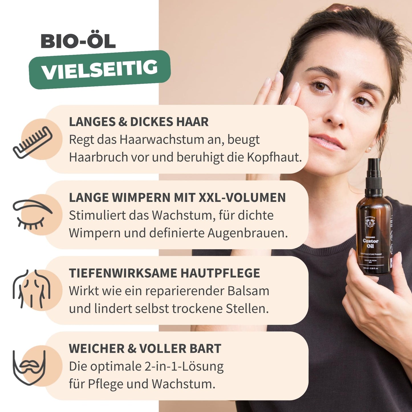 BIONOBLE Castor Oil Cold Pressed Organic - 100% Natural, Without Hexane - Promotes Growth, Repairs - Castor Oil Organic Hair, Eyelashes, Eyebrows, Skin - Castor Oil - Glass Bottle with Pump - 500ml - France