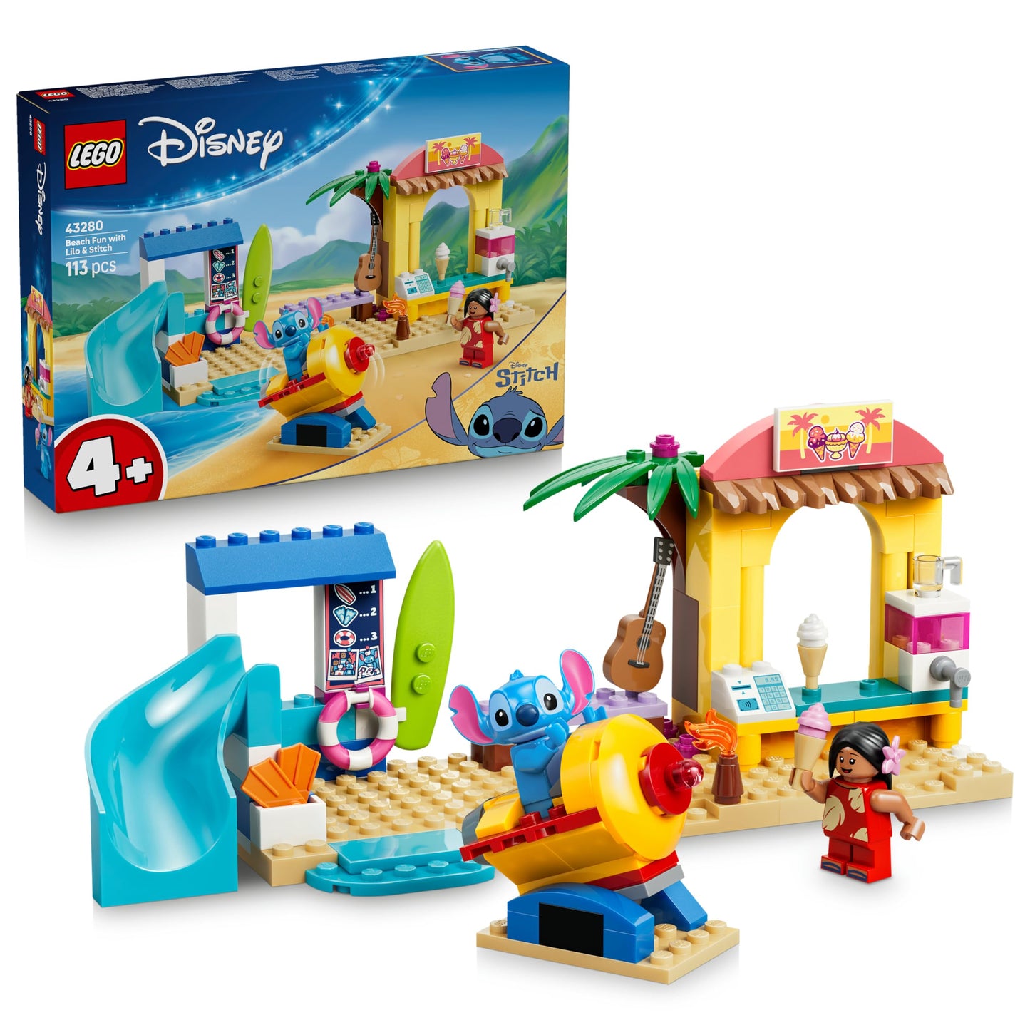 LEGO ǀ Disney Fun on the Beach with Lilo and Stitch Educational Toy with 2 Shops, Spaceship Ride and 2 Minifigures - Montessori Set - Birthday Gift for Girls and Boys from 4 Years - 43280