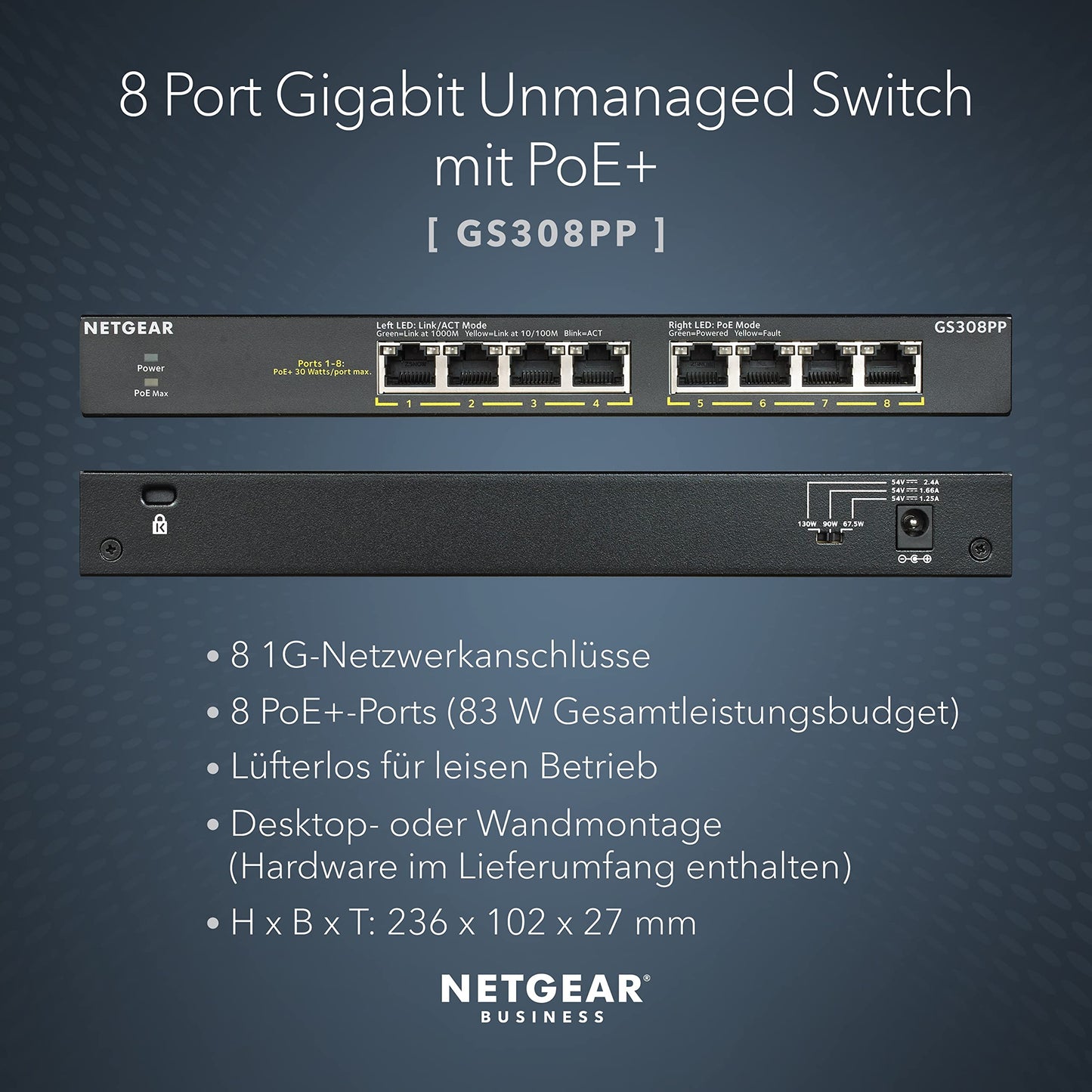 NETGEAR 8-Port Gigabit Ethernet Unmanaged Essentials PoE+ - GS308PP-100EUS