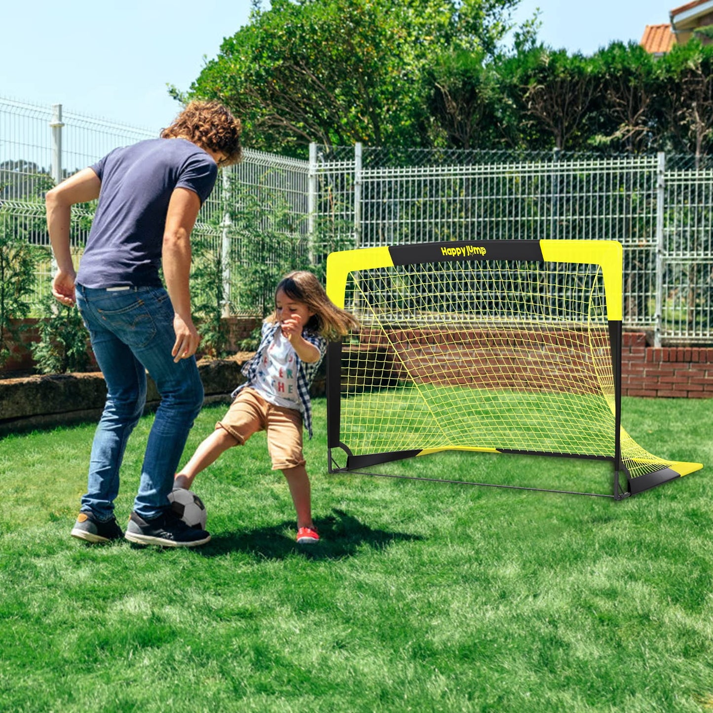 Happy Jump Pop-Up Football Goal - 152x110 cm, 1 Goal, Black Yellow | Foldable Fiberglass Goal for Kids & Adults | Ideal for gardens and parks - A220222BQ1