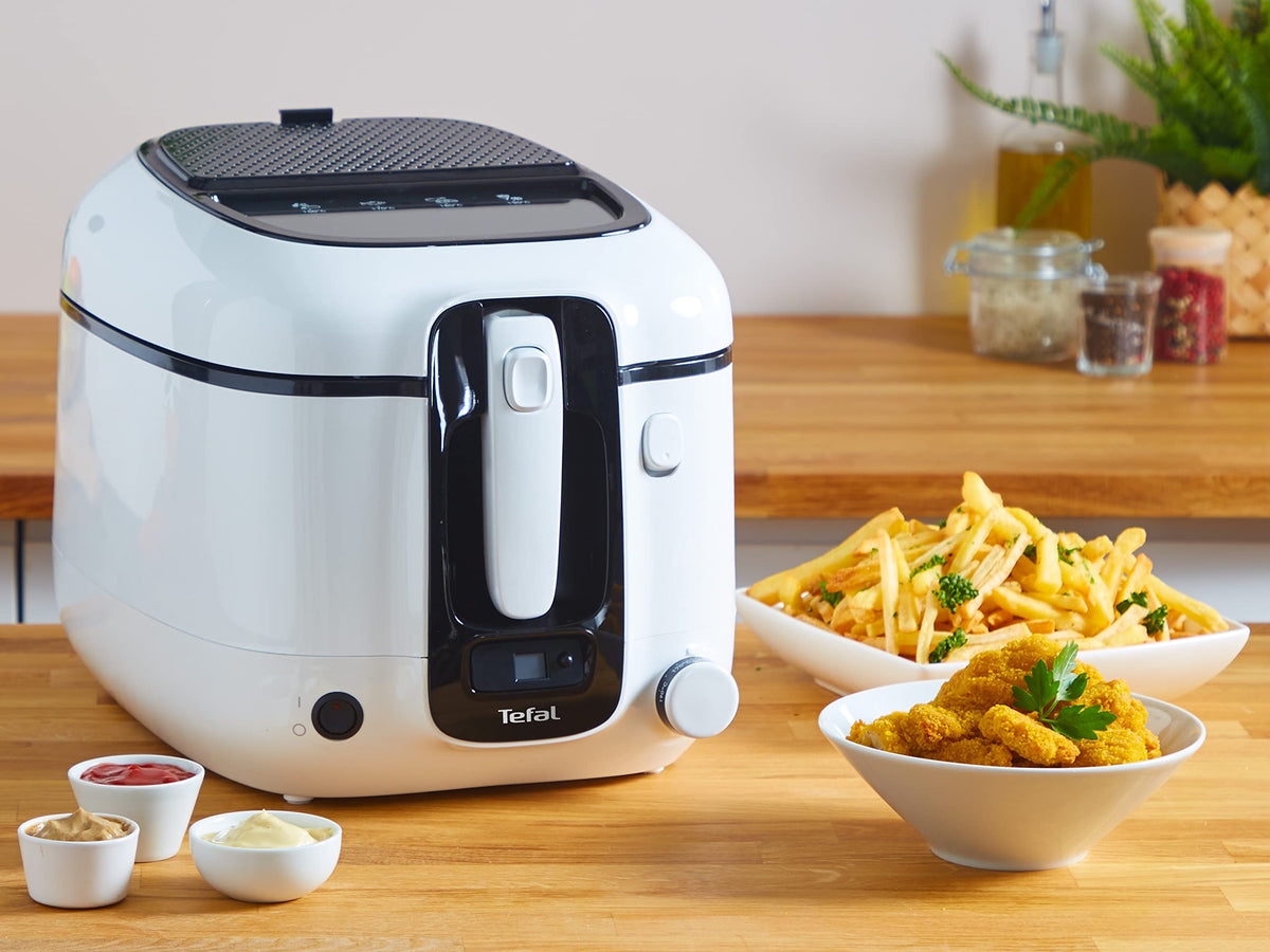 Tefal Friteuză Super Uno, inclusiv timer, capacitate: 2,2 litri, piese potrivite pentru mașina de spălat vase, strat antiaderent, filtru de miros, friteuză cu protecție împotriva stropirii cu ulei, alb/negru, FR3140