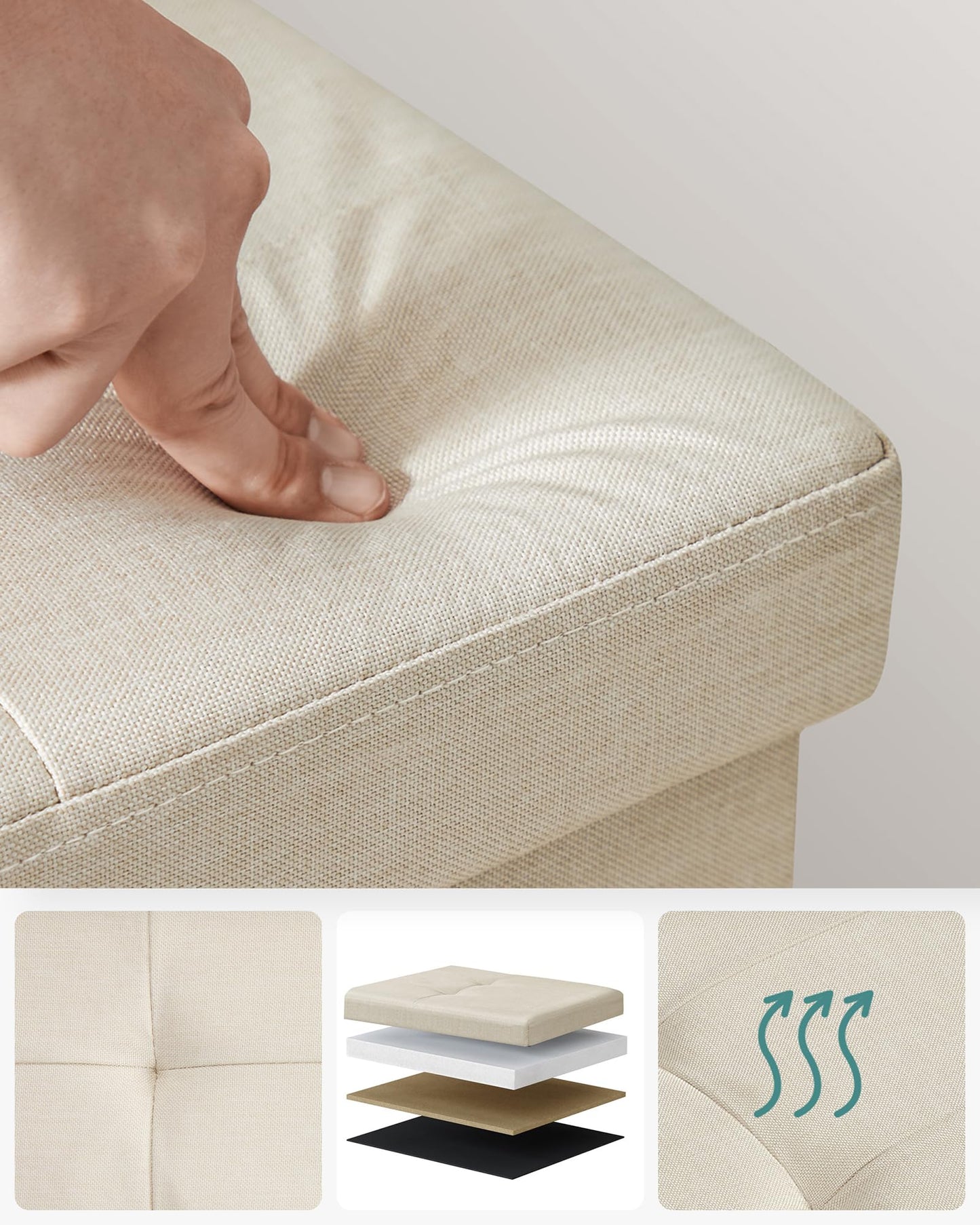 SONGMICS stool with storage space, folding bench, 38 x 110 x 38 cm footstool, storage box, loads up to 300 kg, for living room, bedroom, hallway, cream white LSF77BE