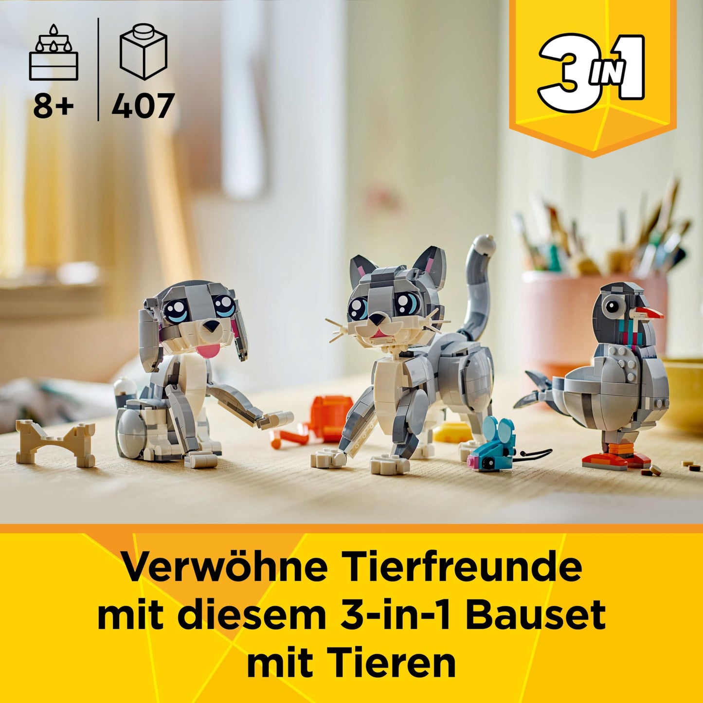 LEGO Creator 3in1 Gray Cat - Animal figure convertible into a pigeon or a dog - Creative birthday gift for girls and boys aged 8 and up - 31163
