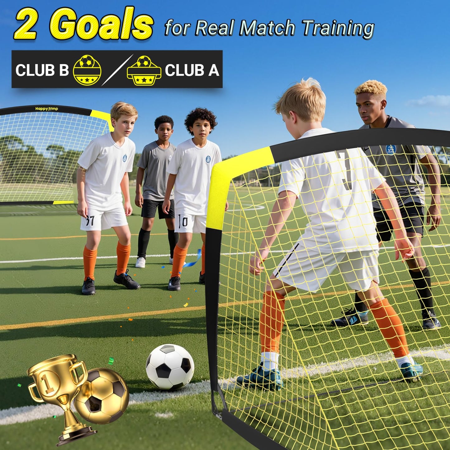 Happy Jump Pop-Up Football Goals - 152x110 cm, 2 goals, black yellow with ball, pump, cone & target | Complete training set for garden & family - Z2500800BQ1
