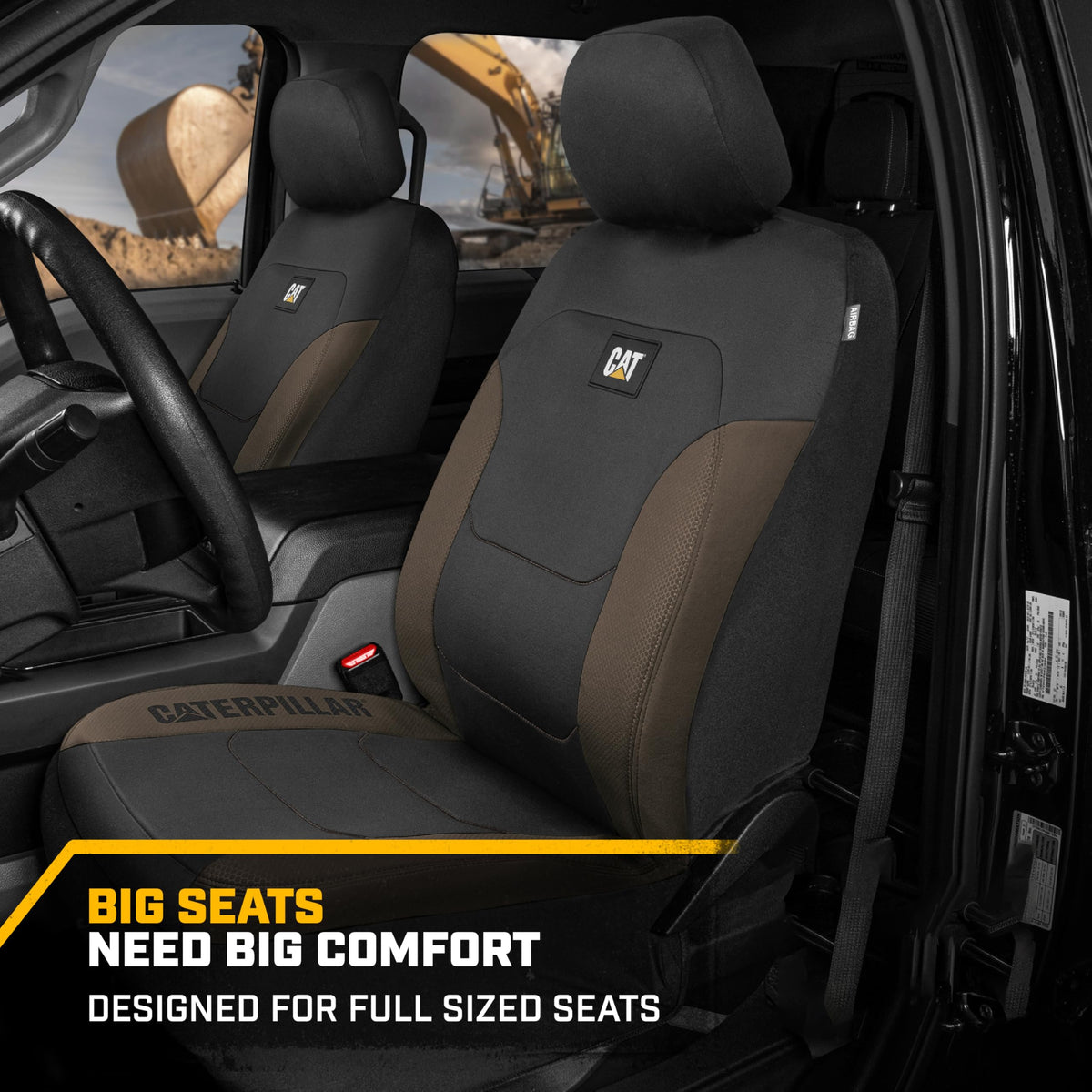 CAT® Flexfit™ seat covers for cars, trucks, and SUVs, front seat covers, airbag-compatible, interior covers, car accessories, 2-piece set, black/beige - CASC2274