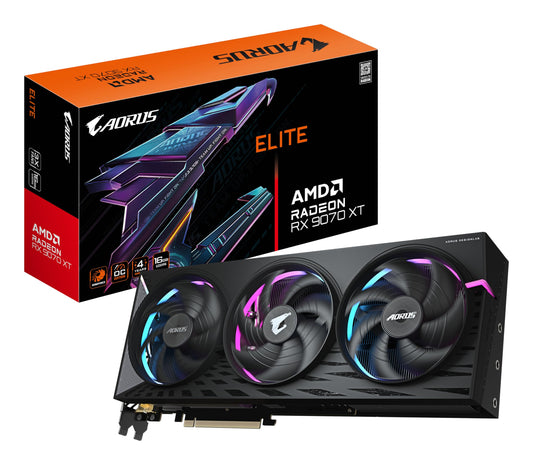 Gigabyte AORUS Radeon RX 9070 XT Elite 16G Placă grafică - 16 GB GDDR6, 256 Bit, PCI-E 5.0, 3100 MHz frecvență de bază, 2 x DisplayPort, 2 x HDMI, GV-R9070XTAORUS E-16GD