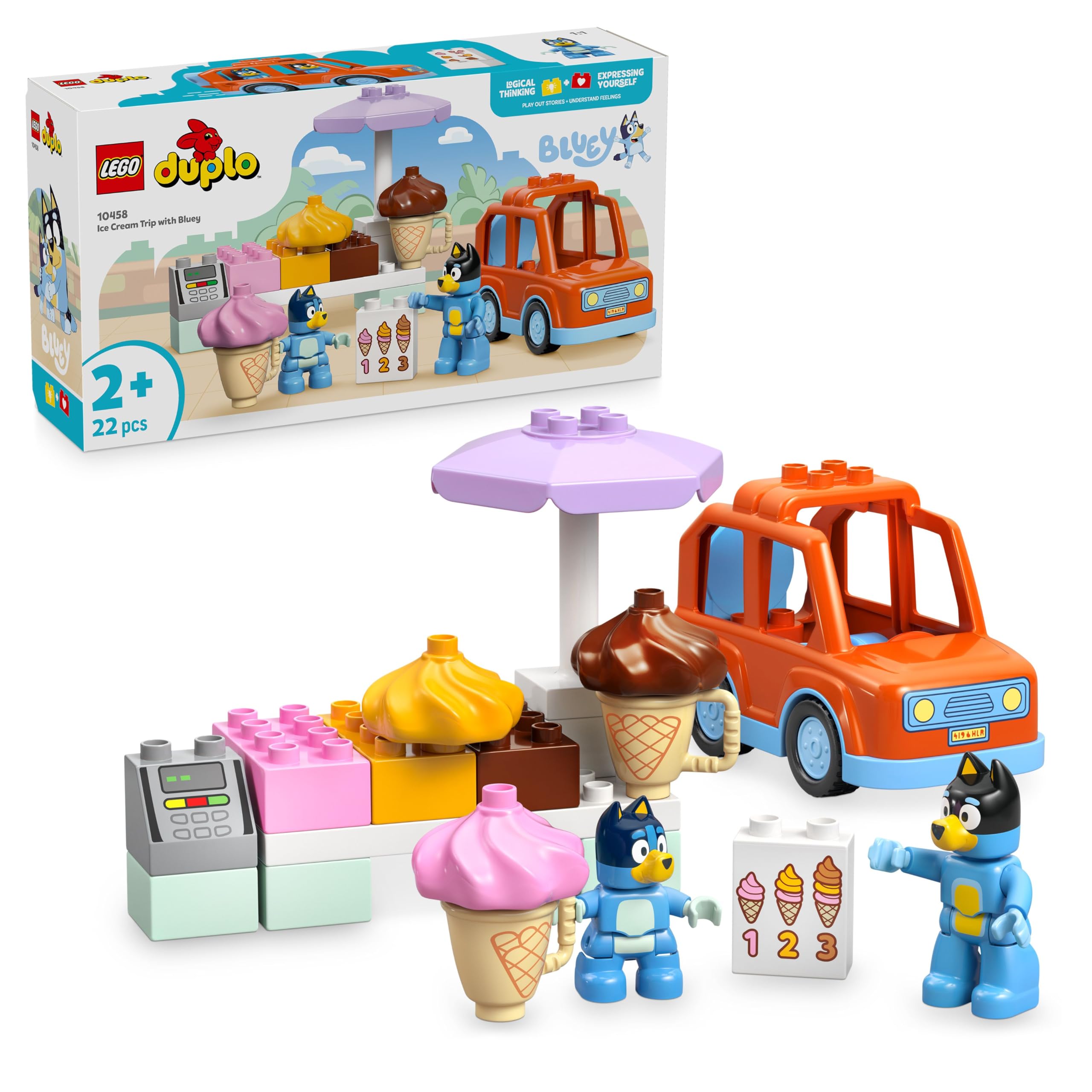 LEGO DUPLO Bluey: Trip to the ice cream parlor with Bluey - educational toy for toddlers - with toy car and 2 minifigures - gift for girls and boys aged 2 and over - 10458