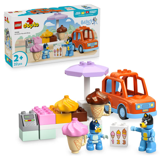 LEGO DUPLO Bluey: Trip to the ice cream parlor with Bluey - educational toy for toddlers - with toy car and 2 minifigures - gift for girls and boys aged 2 and over - 10458