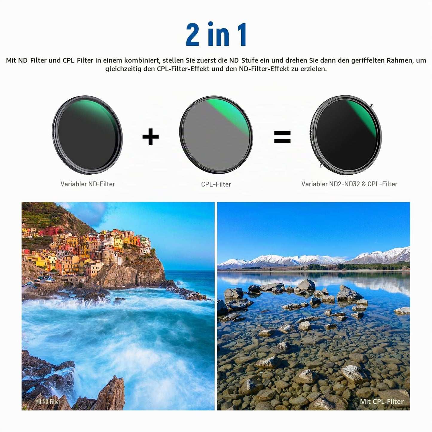 NEEWER 2 in 1 67mm variable ND filter ND2-ND32&CPL filter (circular polarizer) without X marking/30x nano-coated/HD optical glass/ultra-thin aluminum alloy frame/water-repellent/scratch-resistant - 10101185